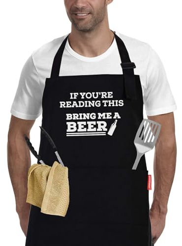 APRONPANDA If You're Reading This Bring Me A Beer, Adjustable Barbecue Cotton Aprons for Men, Funny Christmas Gifts for Dad, Uncle, Husband, Boyfriend, Birthday Gifts