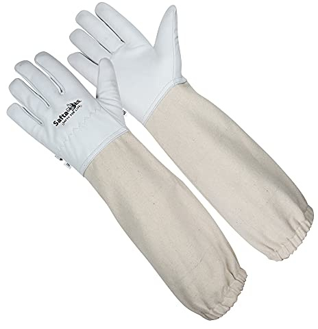 SAFTA Premium Quality Cow Hide Beekeeping Gloves, Bee keepers Gloves for Professionals, Long Sleeves, Elastic Cuffs Sting Proof Bee Gloves, Light Thorn proof Gardening Work Gloves. (2XL)