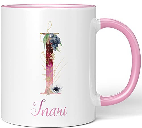 JUNIWORDS Tasse, Inari, Name Anfangsbuchstabe Initial Alphabet Floral Buchstabe I Monogramm Motiv, Rosa (5513961)