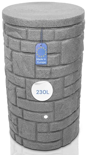 YourCasa recuperateur d Eau de Pluie 230 litres [StoneRain] avec Filetage métallique et Couvercle Aspect Pierre - récupérateur Eau de Pluie résistant au Gel en Plastique Reservoir Eau (Gris)