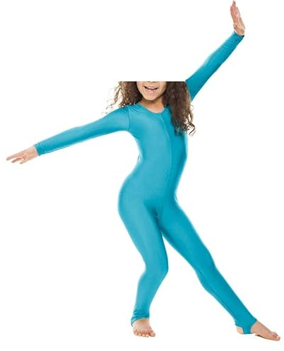 P&R DANCEWEAR LTD Girls Shiny Stirrup Dance Fancy Dress Gymnastics Long Sleeve Unitard Catsuit - Perfect for Performances and Competitions Turquoise 11-12 years