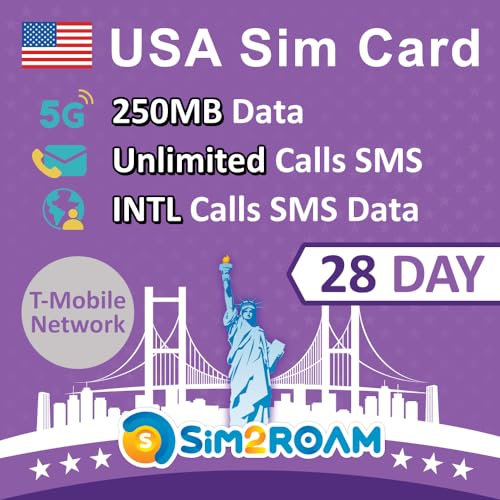 Tarjeta USA SIM 28 Días | 250 MB de Datos 5G/4G |Llamadas y Mensajes de Texto Nacionales ilimitados en EE. UU. Desde EE. UU. a más de 90 destinos internacionales| ¡Recargable! (250 MB de Datos)