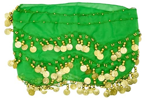 PAITOK Bufanda de cadera para danza del vientre,cinturón de danza del vientre para mujeres con 128 monedas doradas,bufanda de bailarina,disfraces,falda de danza envolvente para niñas (Verde)