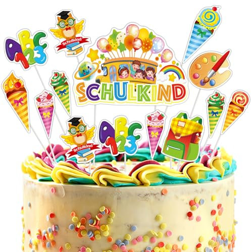 SANNIX Schulanfang Cupcake Topper Dekorationen, 19 Stück Tortendeko Einschulung Cake Topper Schuleinführung Kuchen Deko mit Zuckertüte Fondant Muffins für Mädchen Junge 1. Schultag Party Deko