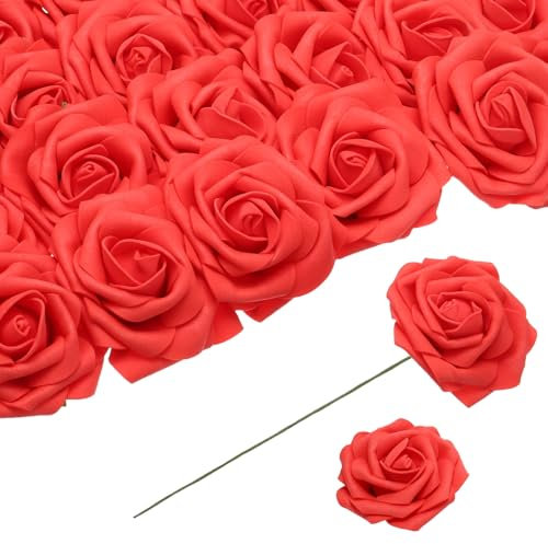 QUARKZMAN 25 Piezas Rosas de Espuma Artificiales, Rosas Falsas con Tallos de Espuma Tacto Real para Bodas Fiestas Oficina Ducha Decoración del Hogar, Rojo