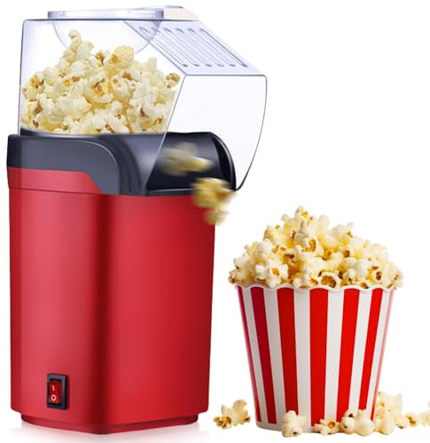 Asfrode Mini macchina per popcorn ad aria calda, 1200 W, salutare, senza olio, grasso, 2 minuti, funzionamento one-touch, per casa, film, Natale, feste, serate di calcio (rosso)