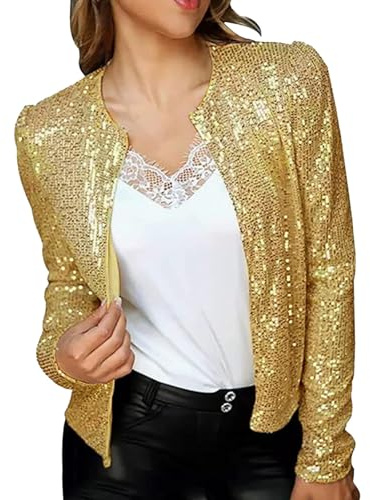 Blazer à paillettes décontracté vintage à manches longues ouvert sur le devant pour femme, manteau fin d'été, tenue de soirée, grande taille, haut à paillettes dorées, jaune, XL