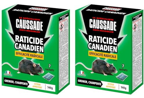 Caussade Raticide Canadien - Anti Rats - Efficacité Radicale - Lieux Secs - 12 Sachets Céréales - Rats Résistants - Prêt à l'emploi - Une Ingestion Suffit - Fabriqué en France - 2x140g CARCDF140X2