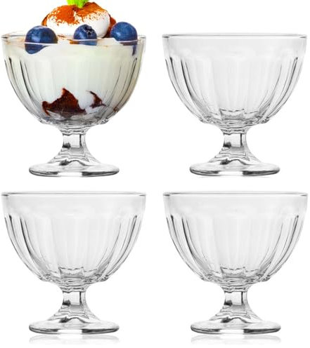 UNIQUE HOME LIVING Ice Cream Bowls Set of 4, 400ml Dessert Serving Glass Bowl for Ice Cream Sundae Fruit Cocktail Trifle Bowls, Pudding Glass Cups, Wide Bowl Dessert Glasses, Dishwasher Safe Cups