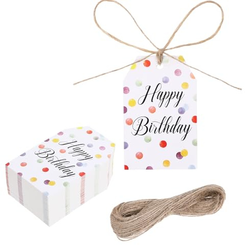 100 PCS Happy Birthday Gift Tags for Presents with String Hanging Paper Tag Colorful Dots Paper Tag for Boys or Girls Baby Shower Party Favors (3.34x2.16in)