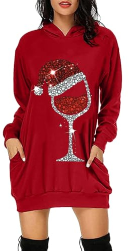 Abiti Di Natale Con Cappuccio Per Donna, Abito Felpa Donna Vintage Elegante Manica Lunga Abiti Stampa Lunga Sweatshirt Natalizio Vestito Capodanno Divertente Mini Abiti Natale Per Autunno Inverno
