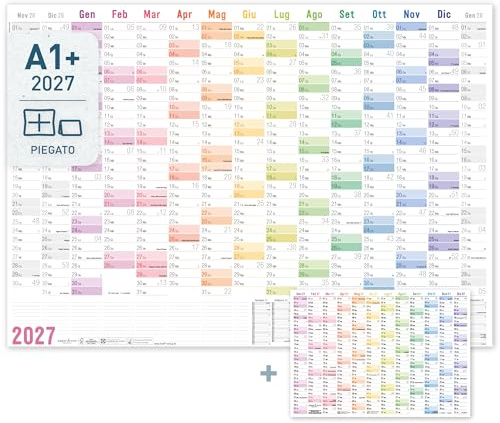 Häfft® Calendario da parete XXL 2027 A1+ in italiano (89x63 cm) [Arcobaleno] 15 mesi nov 2026 - gen 2028 - piegato - gratuito planner annuale A4 - Calendario da parete con le festività italiane