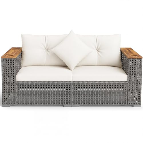 RELAX4LIFE 2 Seater Rattan Sofa Set, Outdoor Wicker Garden Furniture with Thick Padded Cushions & Armrests, Heavy Duty Metal Frame Rattan Leisure Loveseat for Backyard Porch Balcony