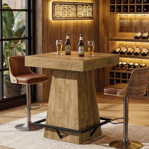 Tribesigns Square Bar Table, 80 x 80 x 95 cm, Pub Tables with Metal Footrest, Industrial Breakfast Bar Table for Kitchen, Dining Room, Home Bar, Bistro, Café, Light Brown