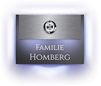 Designer Türklingel mit Gravur beleuchtetem Namensschild LED-Klingelknopf und über 100 Motive | Modell: Homberg-L | 11x8 cm Klingel-Taster Klingelschild Klingelplatte beschriftet | Beleuchtung