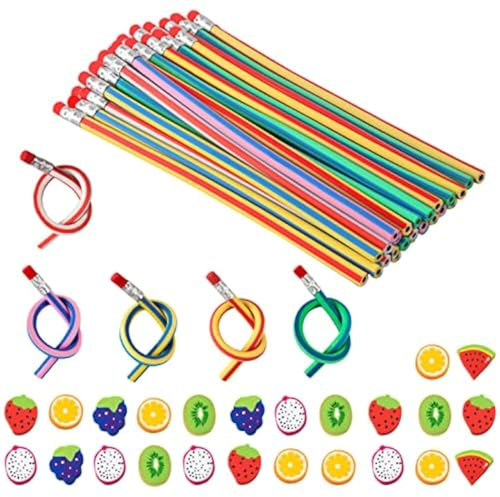Heqishun Matita Flessibile Set di 49 Pezzi 25 Matite Flessibili e Morbide Con 24 Gomma da Cancellare a Forma di 6 Frutti Matite Magiche Giocattoli per Riempitivi del Sacchetto del Partito dei Bambini