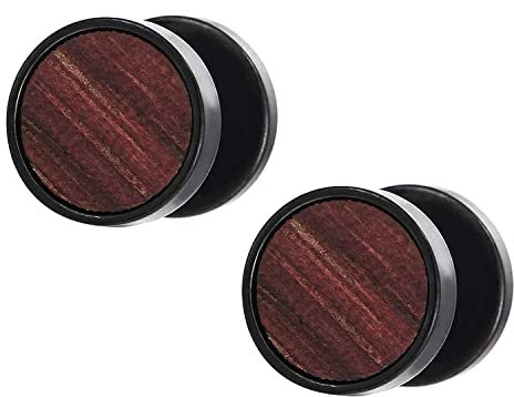 Herren Damen Schwarz Kreis Ohrringe Edelstahl Ohrstecker mit Holz Fake Plugs Cheater Tunnel Gauges Piercing Edelstahl 01（-）