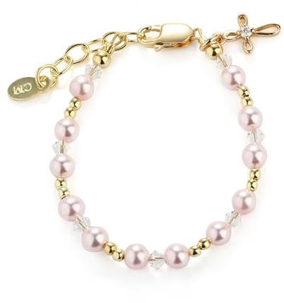 Cherished Moments Baptism Gift for Infant Girls, 14K Gold-plated Bracelet with Pink Simulated Pearls and Cross Charm for Christening or Dedication Gift for Toddlers and Little Girls (MED)
