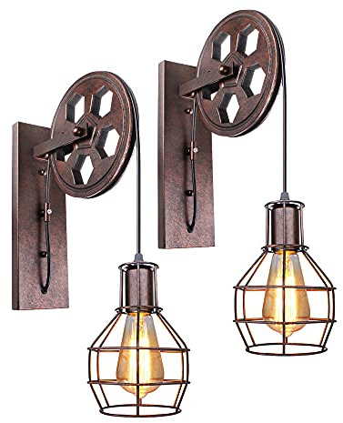 PETITES ECREVISSES Industrial Aplique Vintage Lámpara de Pared Retro Creativo Forma de Jaula con Polea Iluminación Restaurante Sala de estar Dormitorio Pasillo (Óxido rojo -2 piezas)