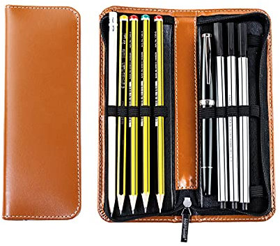 DELMON VARONE - Lehrer Schreibgeräteetui Cambridge Top Grain Leder Braun - Stifte-Etui mit Reißverschluss für 10 Schreibgeräte - Stiftemappe groß für hochwertige Kugelschreiber, Stifte & Füller