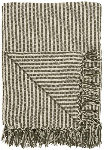 IB Laursen Schlichte Baumwolldecke mit Fransen Plaid Natur Decke Tagesdecke Creme/Olive Streifenmuster 160x130 cm