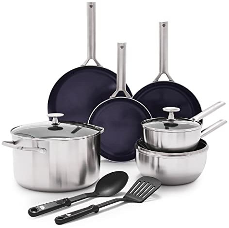 Blue Diamond Cookware Triple Steel Set Di Pentole Antiaderente in Acciaio Inox in Ceramica Rinforzata con Diamanti,11 Pezzi,Include Padella,Senza PFAS,Multistrato,Induzione,Forno,Lavastoviglie,Argento
