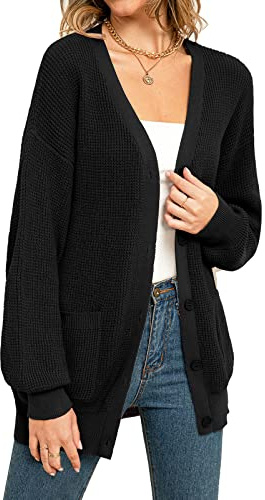 QUALFORT Women's 100% Cotton Cardigan Sweaters for Women Button Down Oversized Knit Outerwear with Pockets Fall Cardigans 2026 Black X-Large