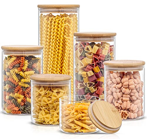 JoyJolt Borosilicate Glass Jars With Bamboo Lids. 6 Pc Set of Air Tight Sealable Containers. Food Jar Canisters with Airtight Lid for Pantry Storage and Kitchen Organization.