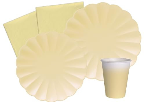 Ciao Kit Vajilla de Fiesta Flower Shape para 24 personas (112 pcs: 24 platos Ø23cm, 24 platos Ø18cm, 24 vasos 250ml, 40 servilletas 33x33cm) de papel compostable eco-friendly, amarillo pastel