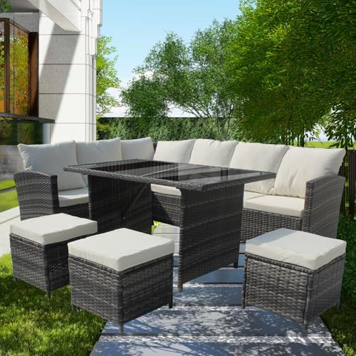 Yesuitme Garden Furniture Lounge Rattan Garden Furniture Garden Corner Sofa Set 9 Seater Rattan Sofa with table 3 Stools(Mixed Grey with Light Cushion)