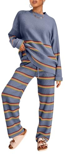 LILLUSORY 2 Piece Sets for Women 2025 Fall Outfits Two Piece Lounge Sets Sweatsuits Striped Knit Sweater Clothes Fashion StripesDustyBlue M