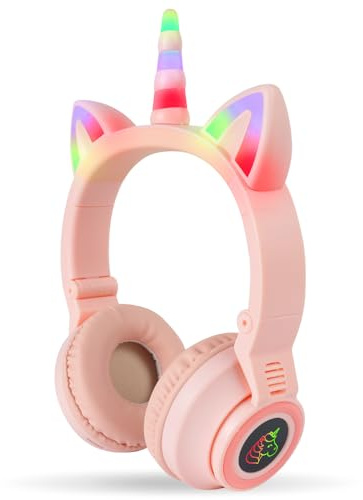 AXFEE Bluetooth barnhörlurar, LED-upplysta U-nicornTrådlös hörlur, Bluetooth-kompatibel 5.0 stereoheadset, hopfällbara barn hörlurar över örat för PC telefon iPad arbetsrum resa skola, Q1-3786866