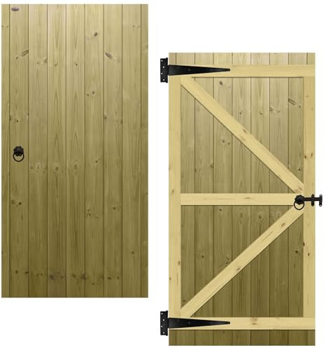 Flat Top Wooden Garden Gate 6x3ft - Tongue & Groove Fully Framed Treated Timber Door + Ring Latch Hinge Pack, H:6ft x W:3ft Ideal for Outdoor Pathway Home Access (High: 180cm x Wide: 90cm)