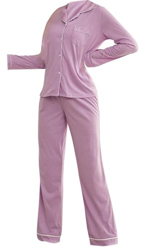 Pigiami Donna Pigiama invernale da donna Colletto con tacca Indumenti da notte morbidi Indumenti da notte abbottonati con pantaloni lunghi Pigiami da Tuta Pigiama Donna Camicia Da Notte.In (Purple, M)