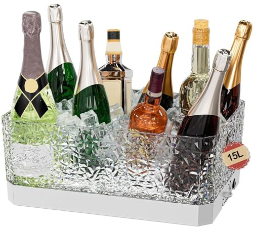 DaJi-U Plastic Ice Bucket for Parties, 15Liter / 4 Gallon Big Large Clear Beverage Tub for Champagne Beer Drink Wine Cocktails Bar, Hosting Party Essentials, LED Light Up, Rectangular, Leakproof