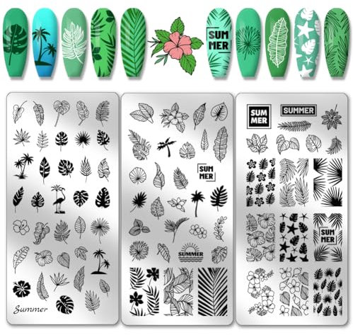 PH PandaHall 3pcs Plantillas de Nail Art con Hojas de Palma, 87 Plantillas de Estampado de Uñas con Plantas de Verano para Uñas Primavera Verano Impresión Manicura Salon Stamping Nail Art de San