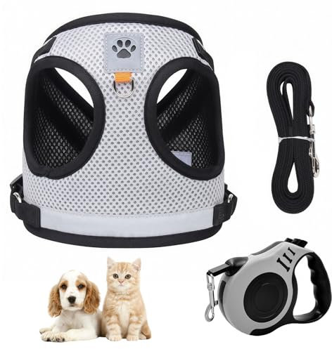 Katzengeschirr und Katzenleine Set: Katzengeschirr Ausbruchsicher, Automatisch Einziehbare Leine mit Geschirr für Katzen Welpe, Verstellbar Katzen Geschirr mit Reflexstreifen, 5m Katzenleine