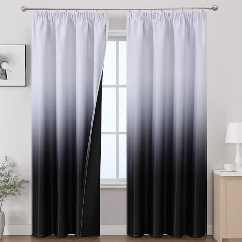 VEHEDE Verdunklungsvorhänge mit Kräuselband, Schwarz und Weiß Vorhänge Blickdicht Schlafzimmer, Ombre Gardinen Schienensystem, 2er Set Thermovorhang Kälteschutz Blackout Curtain, H214 x B132 cm