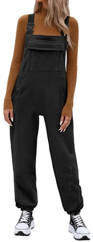PASUDA Womens Overalls Casual Loose Fleece Dungarees Winter Warm Baggy Adjustable Straps Jumpsuits Playsuit Sleeveless Bib Pants with Pockets (Black, M)