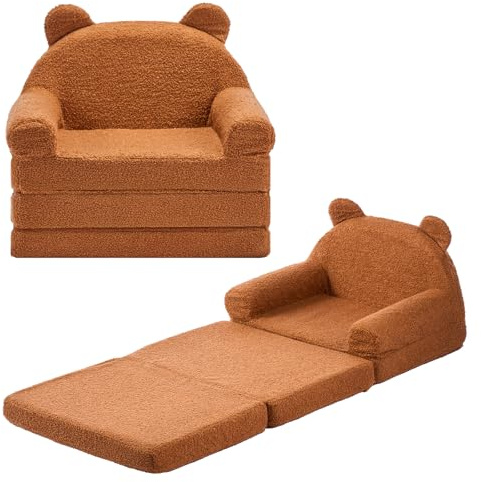 VEVOR Sofá Infantil 2 en 1, Convertible en Tumbona, Sofá Cama Plegable y Suave de Esponja 28D y Felpa de Peluche en Forma de Oso con Reposabrazos para Lectura o Juegos para Niños, Talla M, Marrón
