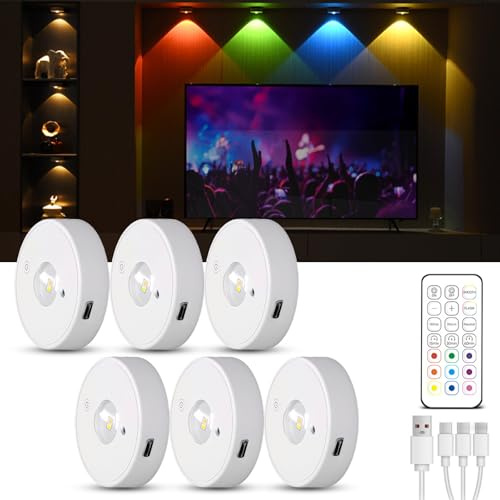 Tomshine RGB LED Cabinet Light,Magnetic Puck Lights with Remote, 3 Color Temperature Rechargeable Under Cupboard Lights with Timer Function, LED Touch Light for Kitchen Cabinet Closet 6 Packs