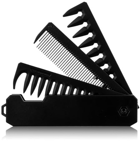 LACHT Peine Plegable Portátil Para Hombre | Peine 3 En 1 Con Peine De Dientes Finos Y Dientes | Cuidado Diario De La Barba, Peinado Del Cabello Y Bigote | Compacto Y Adecuado Para Viajar (Negro)