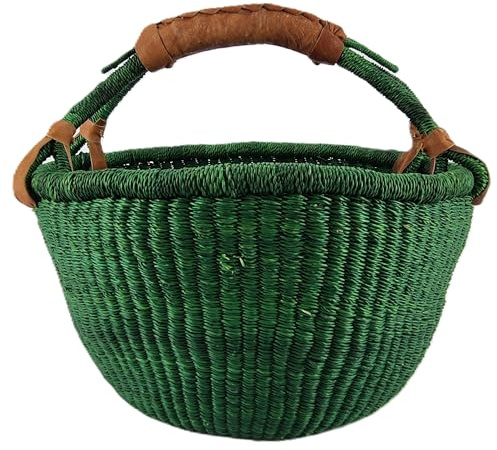 Moyen Panier Rond Bolga Ø 30 x 30 cm – Fabriqué à la Main au Ghana – Commerce équitable – Panier de Courses avec Poignée en Cuir – Vert Foncé