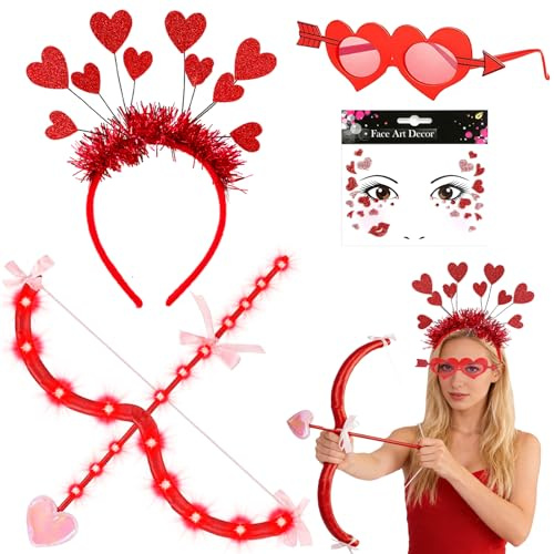 Disfraz de Cupido Mujer Completo con Arco y Flechas LED - Incluye Diadema (10 Corazones) Gafas y Pegatinas de Corazón, Para Carnaval, San Valentín Fiestas de Disfraces, Disfraz Romántico Festivo