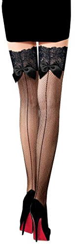 PrettyLoveHose Bas Resille Noir Effet Couture Dentelle Gros Noeud Autofixant Silicone
