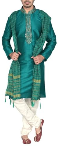 MKP9008 Grön och elfenben Kurta pyjamas för män indisk kostym Bollywood Sherwani, gRÖN, 60