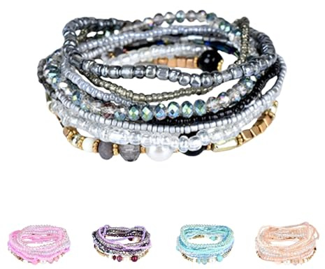 Uhat® Multi Layers Handmade Bracelet Bohemian Beaded Bracelet Colorful Strand Wrap Layered White Faux Pearl (Gray)
