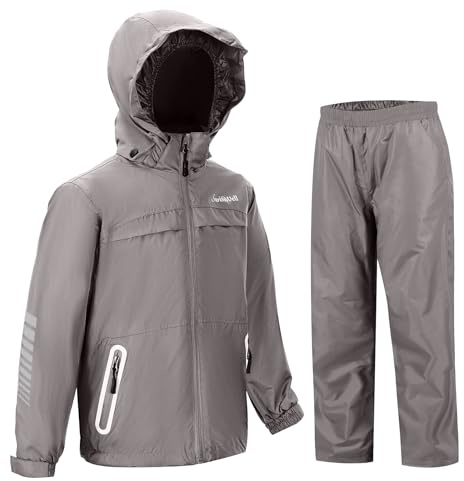 SWISSWELL Kids Rain Gear Boys Girls Youth Waterproof Rain Suit Breathable Reflective Raincoat and Pants Grey 12-14 Years