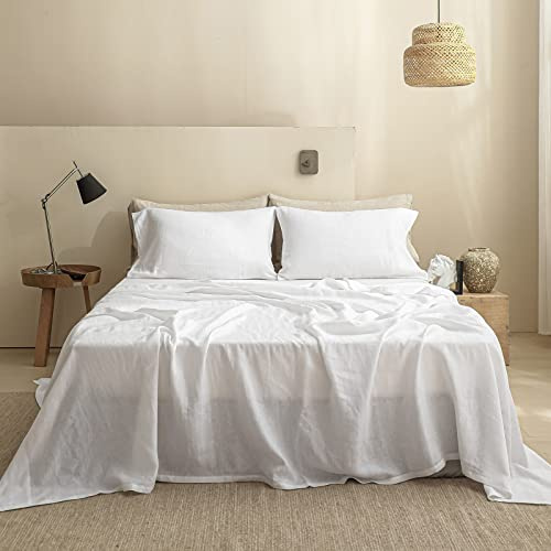 Simple&Opulence Linen Flat Sheet,Stone Washed,Soft Top Sheet | Breathable Texture,Basic Minimalist Style,All Seasons,OEKO-TEX Standard 100,King Size 255 x 270 cm,White