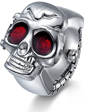 JewelryWe Punk fingerklocka, herr och dam rund elastisk kvarts klocka, skalle stil klockring, valfri färg